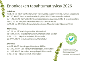 Kuvassa Enonkoskella syksyllä 2026 järjestettäviä tapahtumia listattuna.